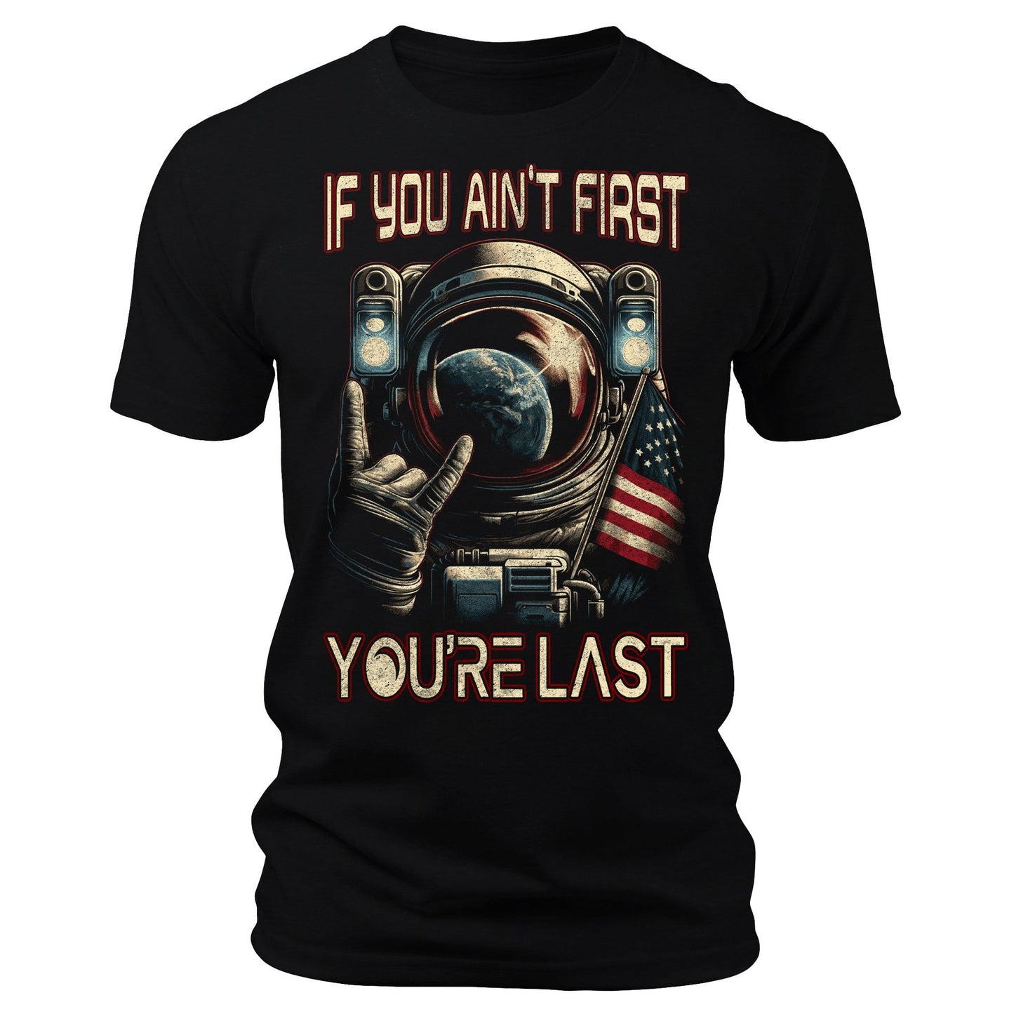 Men's If You Ain't First Astronaut Space T-Shirts Patriotic Short Sleeve Crewneck Graphic Tees