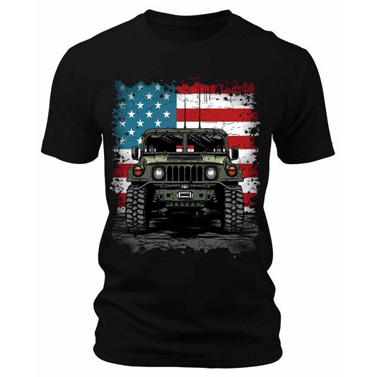 Men's Trendy Military Truck USA Flag T-Shirts Patriotic Short Sleeve Crewneck Graphic Tees