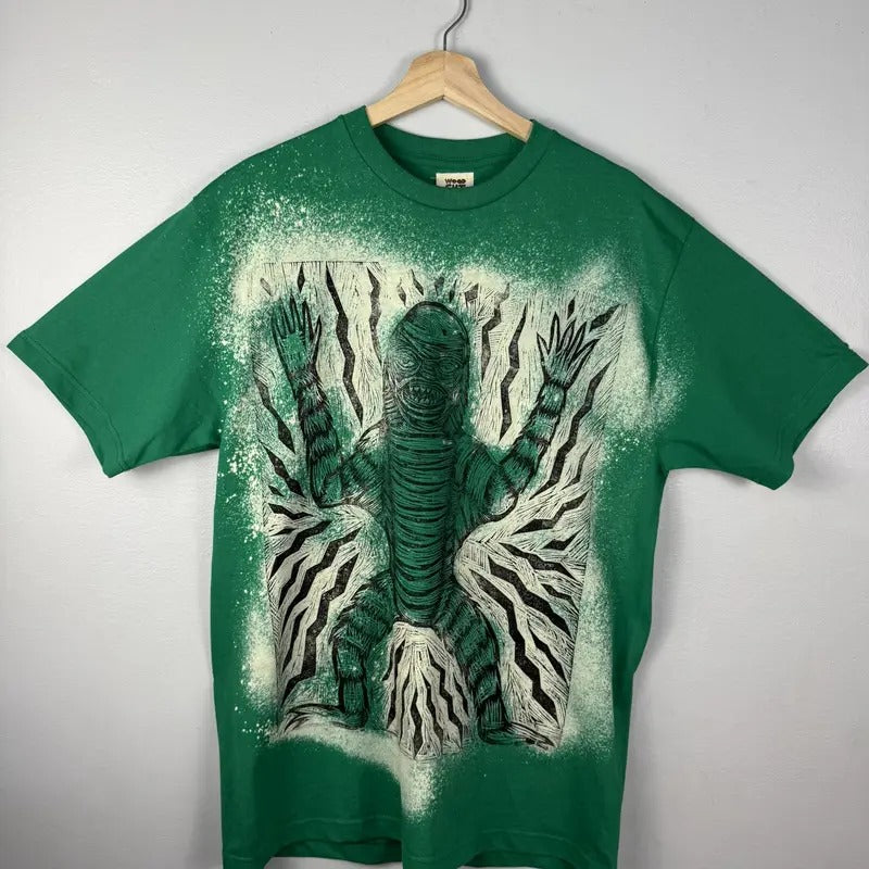 Bleached Creature Hand Printed Woodcut T Shirt Menswear Cotton Top Green Medium Graphic Streetwear Baggy Casual Tshirt...