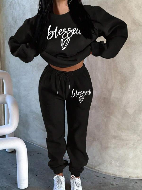 "Blessed" Graphic Tracksuit 2-Piece Set | Black Oversized Crop Sweatshirt & Sweatpants with Religious Slogan Print |...
