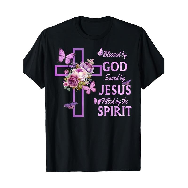 Blessed By God Saved By Jesus Purple Floral Cross Christian Cotton T-Shirt Made in USA Hoodie, Sweatshirt | HypeCrazeTee.com