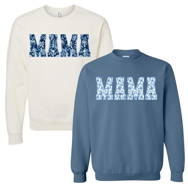 'Blue & White Chinoiserie 'Mama' Crewneck Sweatshirt T-Shirts, Hoodie | HypeCrazeTee.com