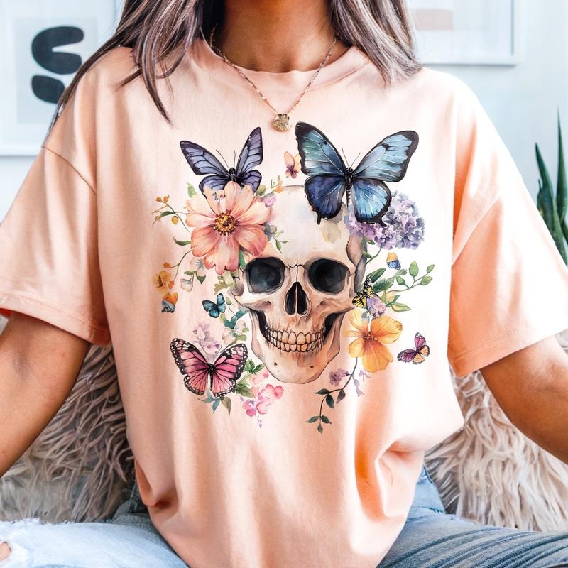 Blue Butterfly Floral Skull Graphic Tee Watercolor Skeleton Flower Rocker Tshirt Womens Casual Butterfly Top Hoodie,...