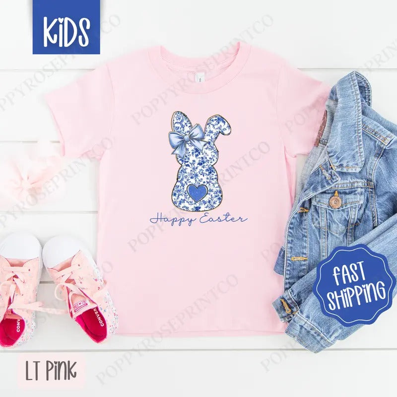 Blue Chinoiserie Bunny Kids Shirt - Easter Children's Tshirt - Cute Youth Tee Gildan Hoodie, Sweatshirt | HypeCrazeTee.com