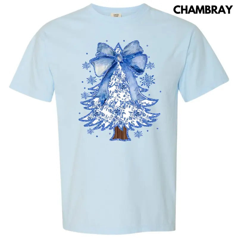 Blue Chinoiserie Christmas Tree Comfort Colors T-Shirt 'NLB' Hoodie, Sweatshirt | HypeCrazeTee.com