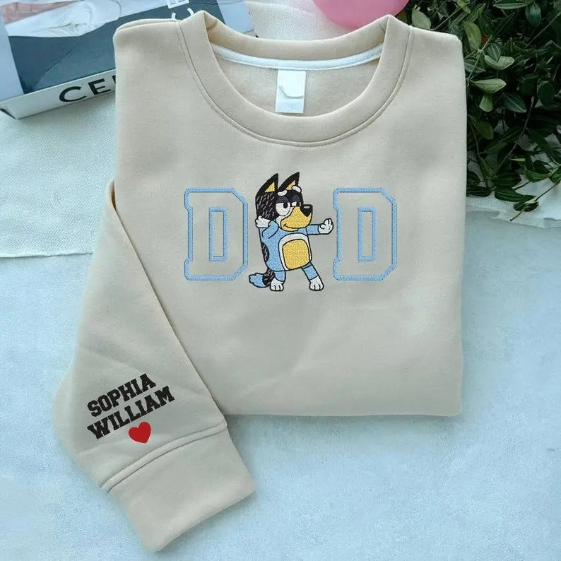 Blue Dog Embroidered Sweatshirt, Custom Embroidered Father's Day, Blue Dog Family Embroidered Shirt, Embroidered Dad Blue...