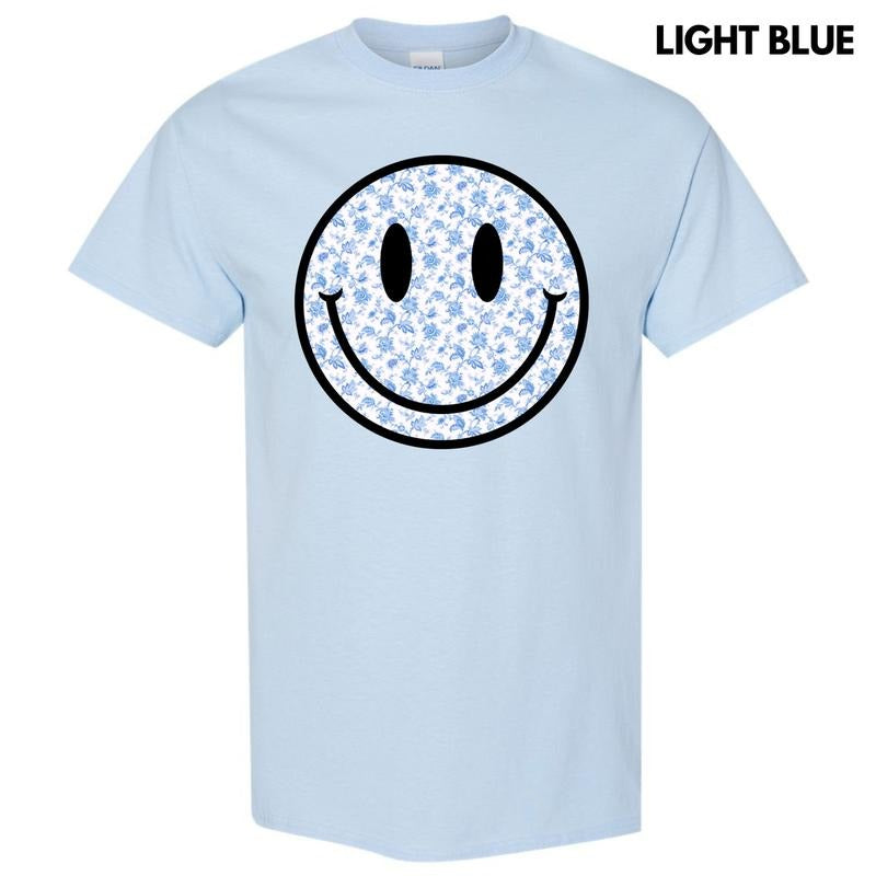 Blue Floral Happy Face Gildan Short Sleeve T-Shirt 'NLB' Hoodie, Sweatshirt | HypeCrazeTee.com