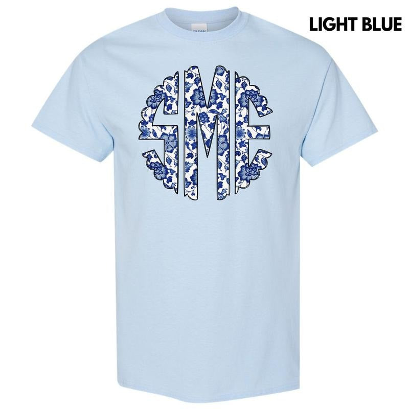 Blue Floral Monogram Gildan Short Sleeve T-Shirt 'NLB' Hoodie, Sweatshirt | HypeCrazeTee.com