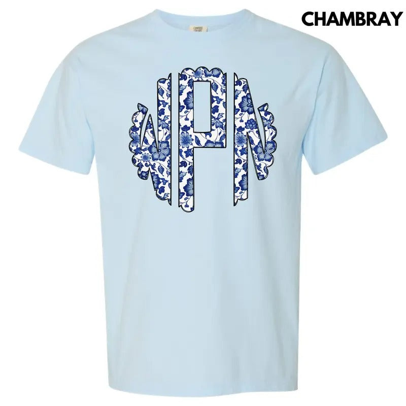 Blue Florals Monogram Comfort Colors T-Shirt 'NLB' Hoodie, Sweatshirt | HypeCrazeTee.com