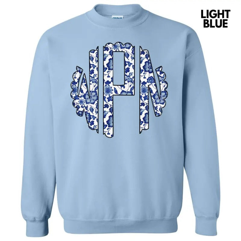 Blue Florals Monogram Sweatshirt 'NLB' T-Shirts, Hoodie | HypeCrazeTee.com