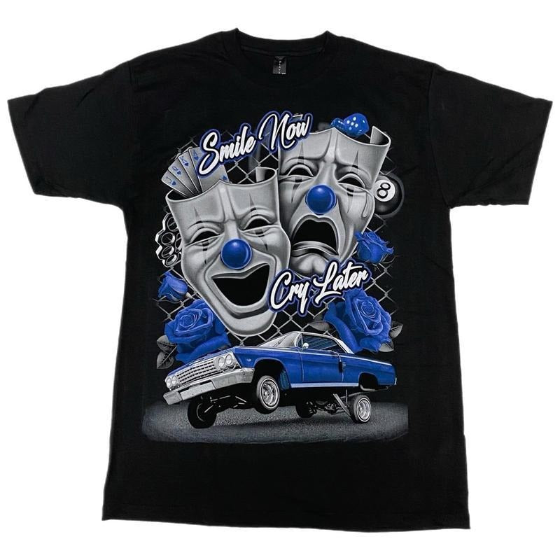 Blue Smile Now Cry Later Low Rider Old School T Shirt Menswear Cotton 100% Silk Screen Crewneck Streetwear Top