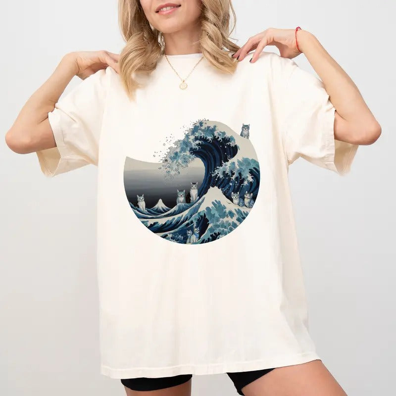 Blue Wave Cat Comfort Colors Shirt, Inspired Japanese Artistic Cat Graphic Tee, Childless Cat Ladies Unhinged Shirt,...