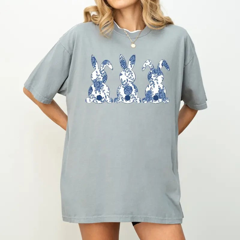 Blue Willow Bunnies Easter Tee, Easter Bunny T-Shirt, Easter Tee Hoodie, Sweatshirt | HypeCrazeTee.com