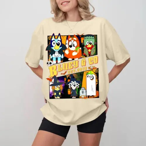 Bluey Co Halloween Unisex T-Shirt, Bluey Halloween T-Shirt, Halloween Gifts, Gift For Her, Gift For Him Fabric Top...