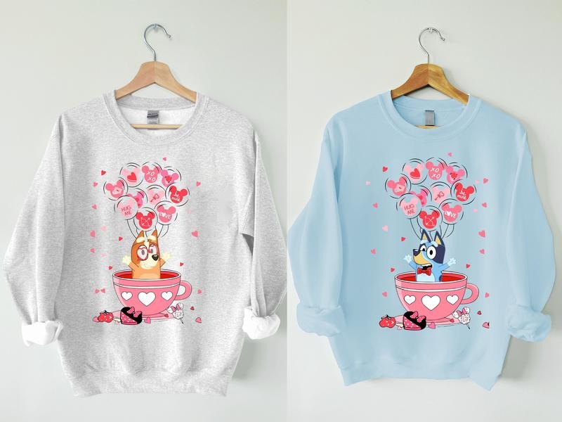Bluey Dog and Friends Valentine Day Sweatshirt, Bluey Happy Valentine Hoodie, Bluey And Bingo Valentine Couple Shirt,...