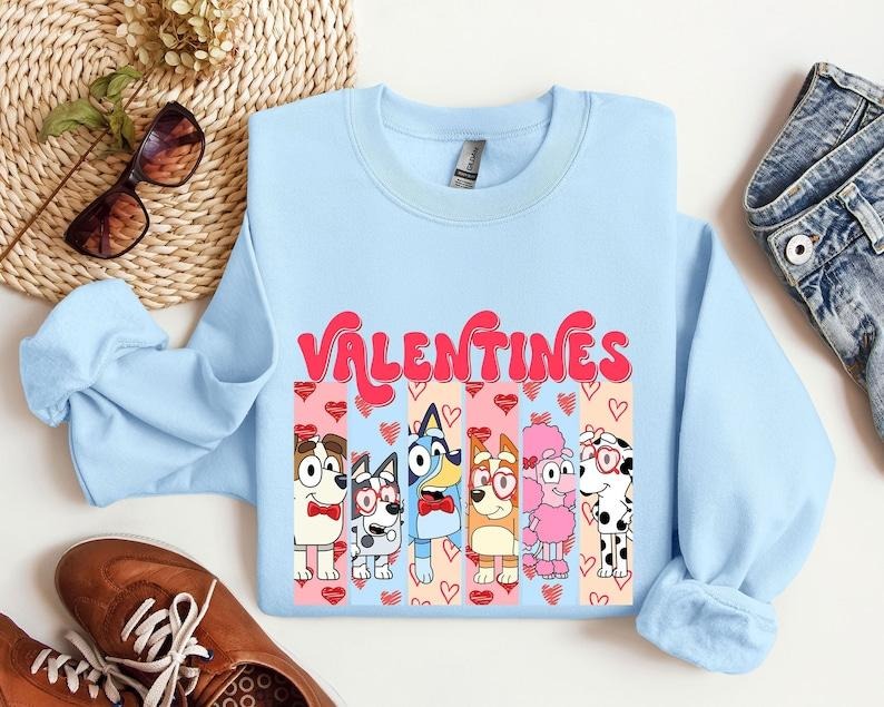 Bluey Dog and Friends Valentine Day Sweatshirt, Bluey Happy Valentine Hoodie, Valentine Love Hoodie, Valentine Day Hoodie...