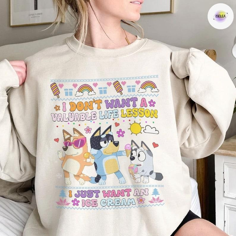 Bluey I Just Want An Ice Cream Xmas Sweatshirt, Bluey Xmas Holliday Ugly Shirt, Bluey The Heeler Dancing On Ice Cream,...
