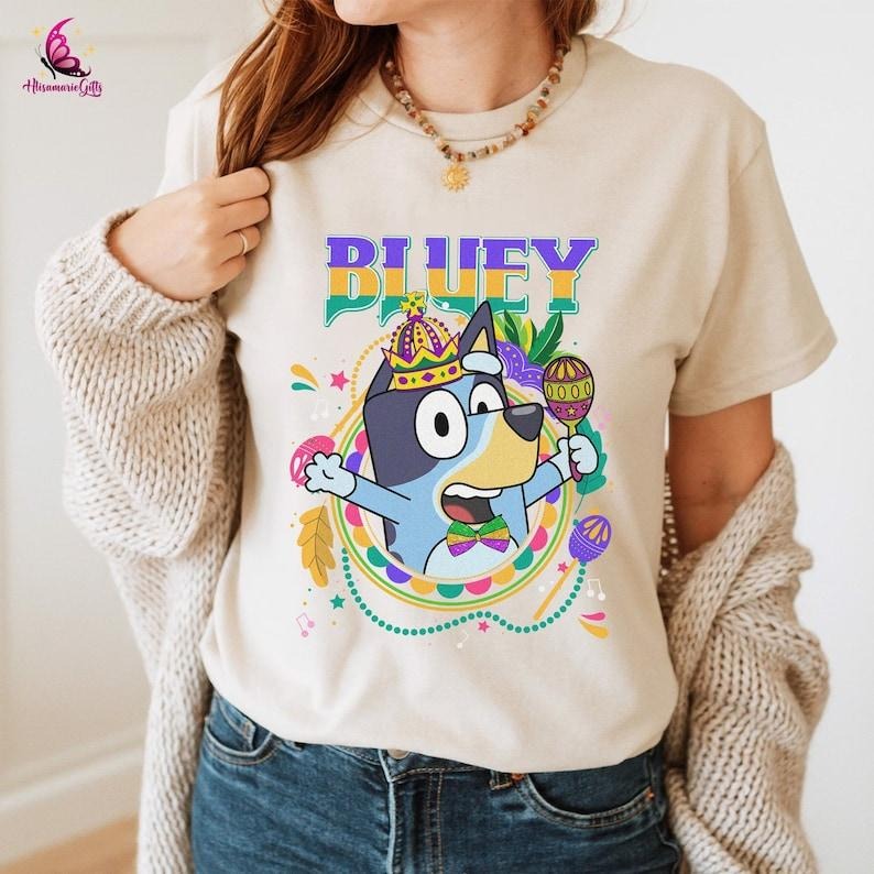 Bluey Mardi Gras Shirt, Double Trouble Fat Tuesday Festival Shirt, Bluey and Bingo Tee, Bluey Characters Sweatshirt,...
