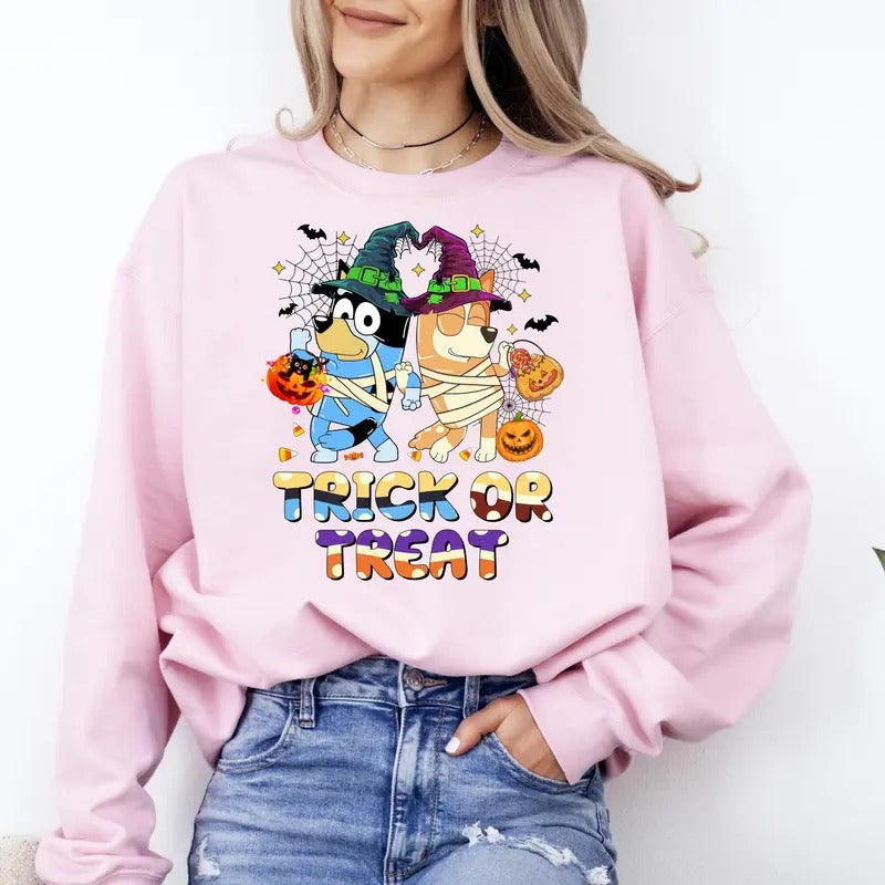 Bluey Trick or Treat Sweatshirt, Bluey Halloween Sweatshirt, Spooky Season Hoodie, Bluey Friends Sweatshirt, Bluey Lover...