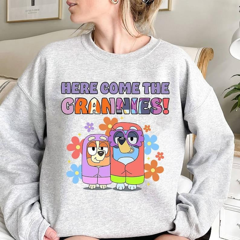 Bluey and Bingo Here Come The Grannies Flower Shirt | Bluey Sweater, Bluey And Bingo Shirt, Bluey T-Shirt, Bluey Shirt,...