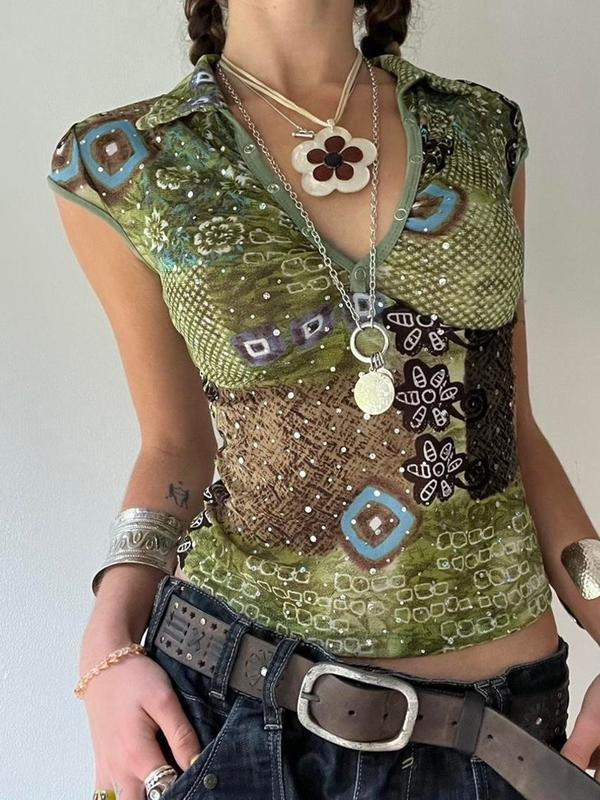 Bohemian Floral Print T-Shirt for Women, Slim Fit Summer V-Neck Top, Vintage Short Sleeve Vacation Blouse Hoodie, Sweatshirt