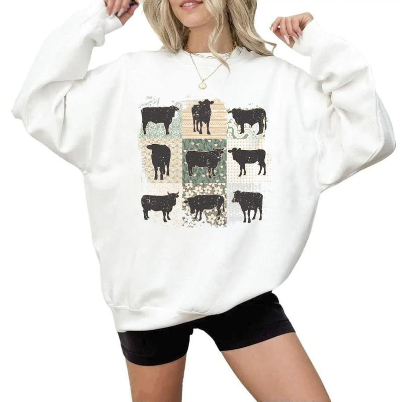 Boho Cow Sweatshirt, Retro Farmhouse Floral Cow Tee Shirt, Clothing, Cow Lover Gift for Her Him Unisex Cotton Womenswear...