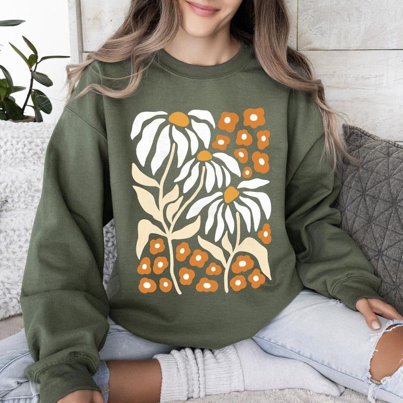 Boho Daisies, Boho Retro Floral Design Sweatshirt T-Shirts, Hoodie | HypeCrazeTee.com