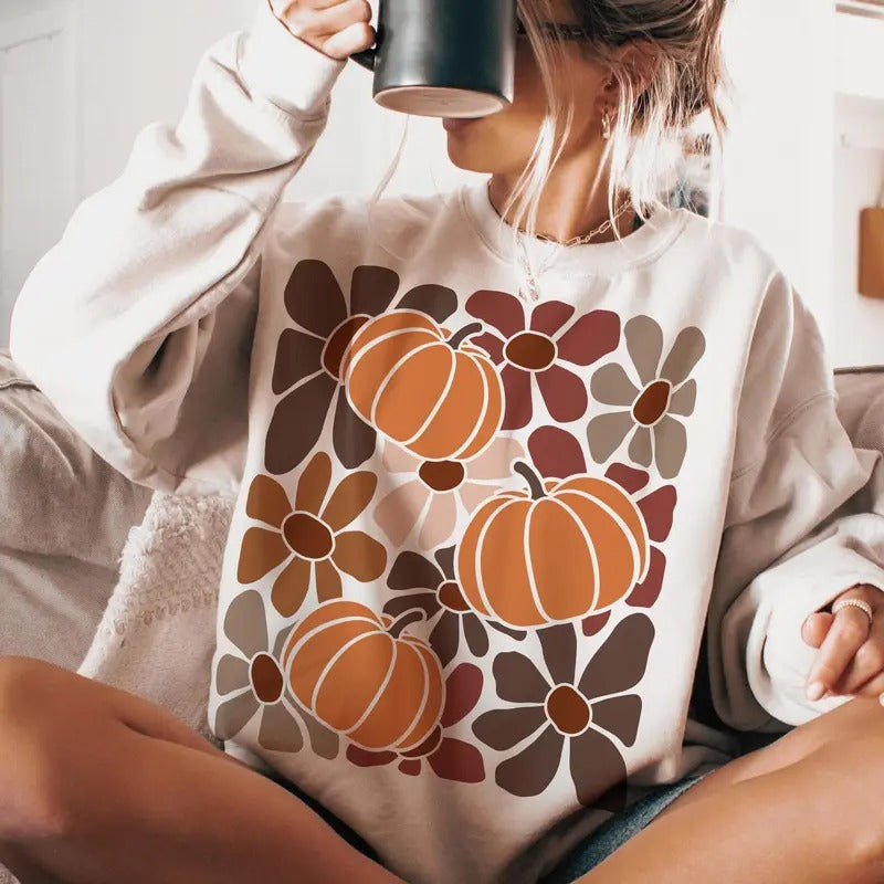 Boho Floral Fall Shirt, Pumpkin Season T-Shirt, Thanksgiving Autumn Vibes Sweatshirt, Fall Pumpkin Clothing, Unisex Hoodie