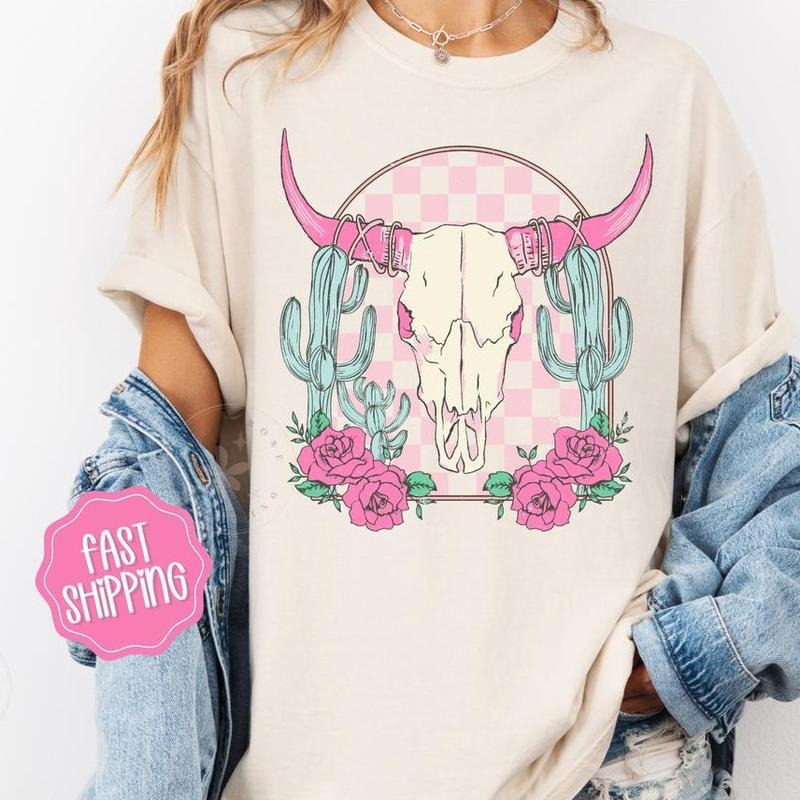 Boho Floral Skull Shirt, Desert Cow Floral Tshirt, Western Shirts Hoodie, Sweatshirt | HypeCrazeTee.com
