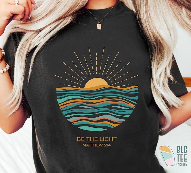 Boho Retro Be The Light Matthew 5:14 Christian TShirt, Boho Bible Verse Sunburst Sea Sun Religious Jesus God...