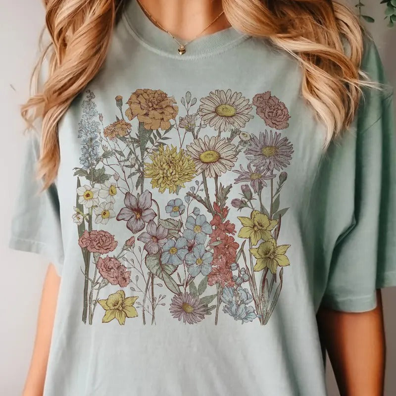 Boho Spring Flowers Graphic Tee Summer Floral Tshirt Neutral Floral Bouquet T-Shirt Casual Unisex Flower Top Hoodie,...