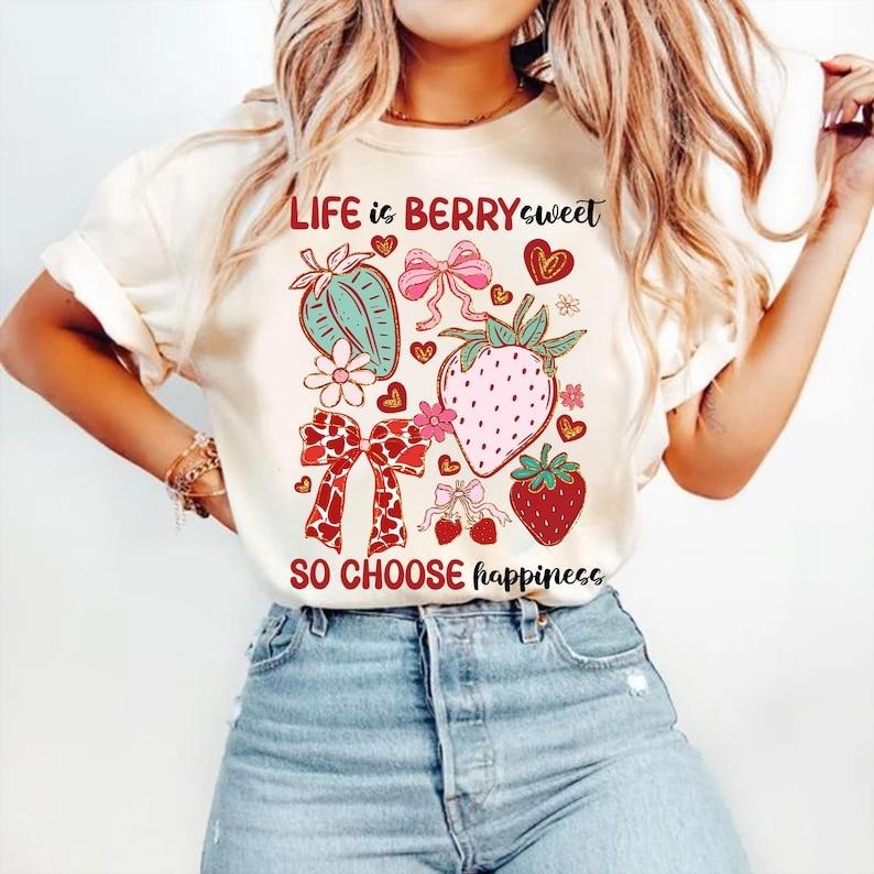 Boho Strawberry Coquette Preppy Festival Life Is Berry Sweet Strawberry T-Shirt Hoodie, Sweatshirt | HypeCrazeTee.com