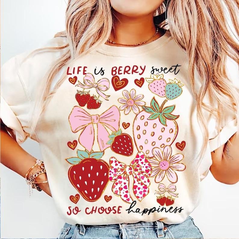 Boho Strawberry Coquette Preppy Strawberries Strawberry Festival Summer Strawberry Life is Berry Sweet Strawberry T-Shirt...