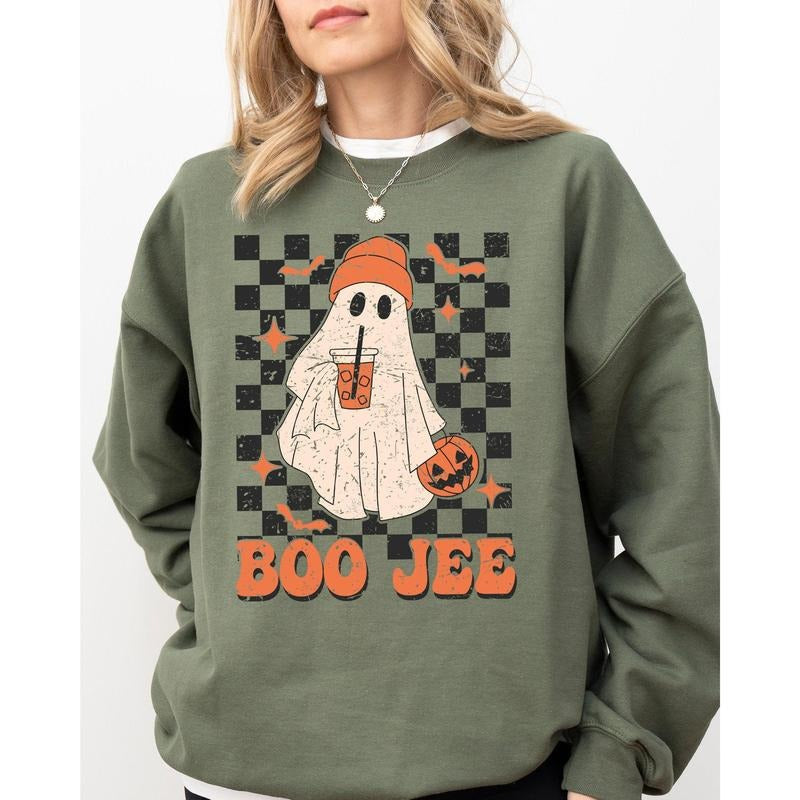 Boo-Jee Ghost, Checkered, Retro, Halloween, Coffee Drink Sweatshirt T-Shirts, Hoodie | HypeCrazeTee.com