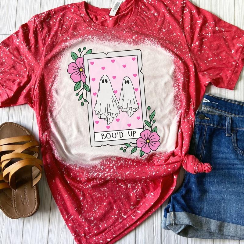 Boo'D Up Ghostie Tarot Card Bleached Shirt Red Sublimation T-Shirts, Hoodie, Sweatshirt