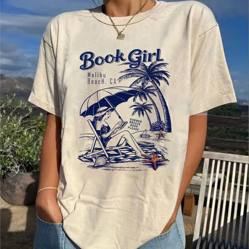 Book Girl Beach T-Shirt, Book Lover Summer Tee, Bookish Beach Shirt, Girl Romance Bookish Summer Clothing Vacation Shirt...