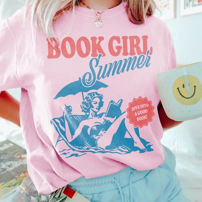 Book Girl Summer T-Shirt | Beach Book Lover Summer Bookish Funny Reader Oversized Beach Shirt Bookish Vacation Shirt...