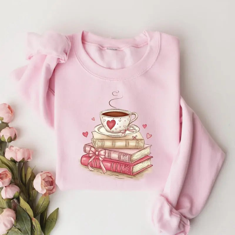 Book Lover Valentine's Day Sweatshirt - Coquette Valentine Bookish  Sweatshirt - Bookworm Coffee Sweatshirt - Reading Sweater