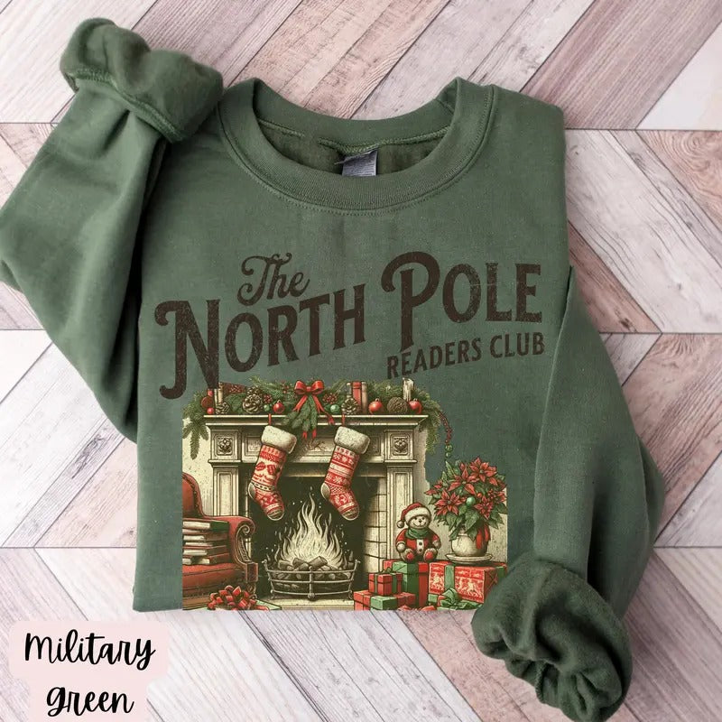 Bookish Christmas Sweatshirt , North Pole Book Club Santa Sweater for Book Lover Christmas Retro Book Worm Holiday...