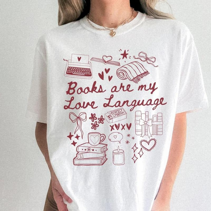 Books Are My Love Language T-Shirt, Cozy Bookworm Sweatshirt, Doodle Book Club Shirt, Romantasy Reader Tee Shirt, Gift...