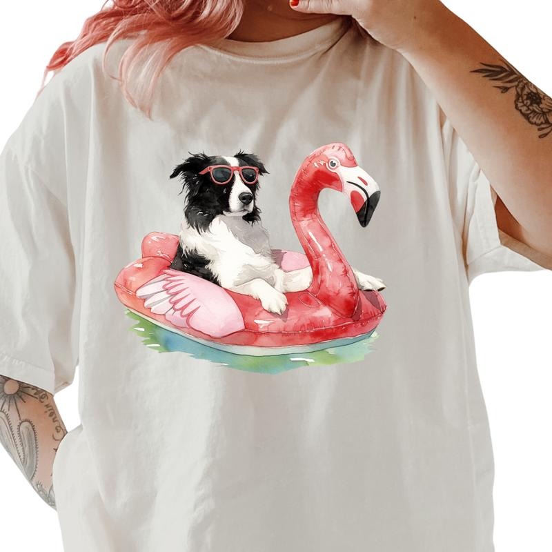 Border Collie Flamingo Float Dog Shirt ~ Relaxed Fit Printed USA Womenswear Casual Comfort Cotton Top Athletic Boho Chic T-Shirts, Hoodie, Sweatshirt