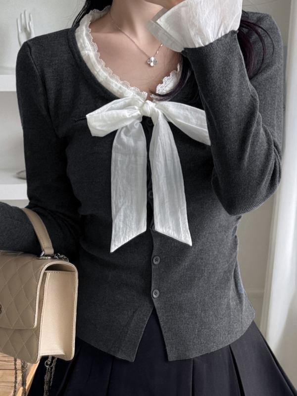 Bow Girl Long Sleeve T-Shirt V Neck Lace Sweet Y2K Korean Style Spring Summer Top, Cute and Stylish Women's Clothing...