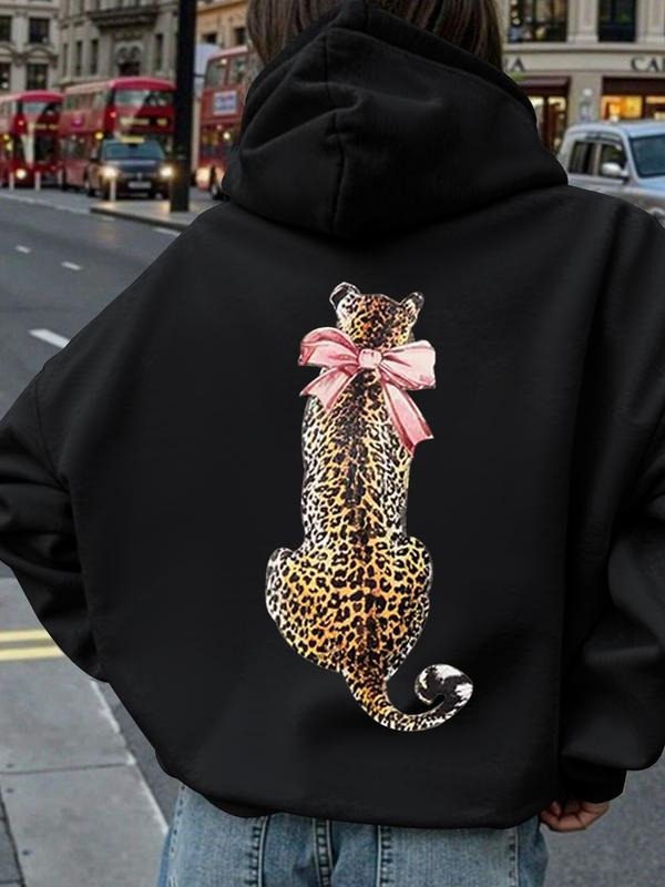 Bow Leopard Print Hooded Drawstring Sweatshirt, Casual Fashion Long Sleeve Women's Clothing, Ideal Spring Fall Wear,...