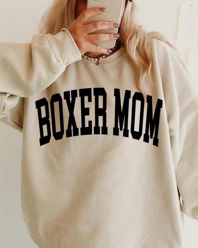 Boxer Mom Varsity Sweatshirt, Trendy, College Font, Cute, Dog Mama, Crewneck T-Shirts, Hoodie | HypeCrazeTee.com