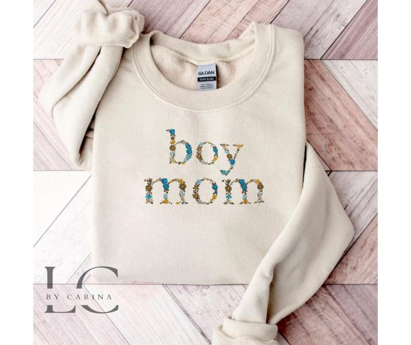 "Boy Mom" Floral Print Embroidered Sweatshirt - Stylish Mom Apparel - Custom Floral Design - Cozy Motherhood Jumper...