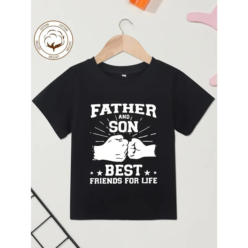 Boy T-shirt Father and Son Life's Best Friend Letter Print Soft Multi-Functional round Neck Short Sleeve Hoodie, Sweatshirt