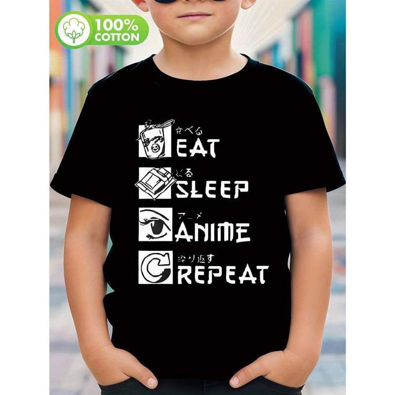 Boy's Creative T-shirt, Anime Letter Print Crew Neck Tee Top, Short Sleeve Pullover Top For Summer Hoodie, Sweatshirt
