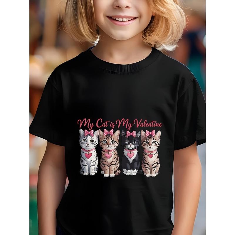 Boys' "My Cat is My Valentine" Pure Cotton T-Shirt - Soft & Breathable, All-Season Comfort, Crew Neck, Machine Washable,...