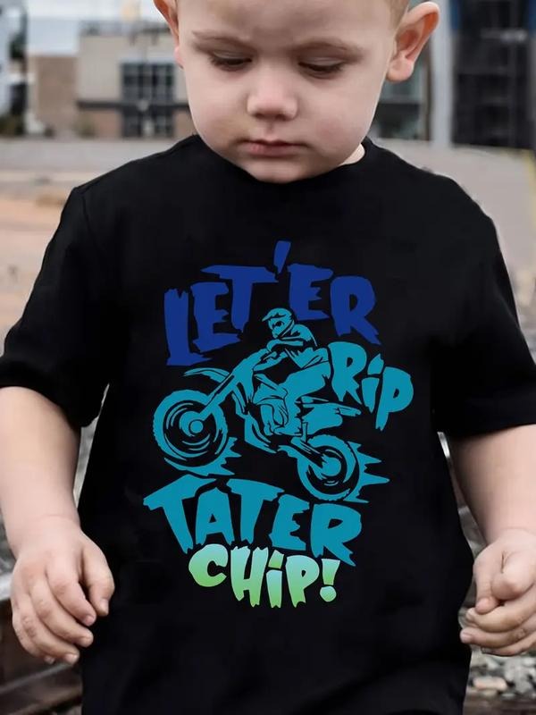 Boys' Cotton T-Shirt, Off-Road Motorcycle Pattern Print And Letter Print, Comfortable And Casual Round Neck Short Sleeved...