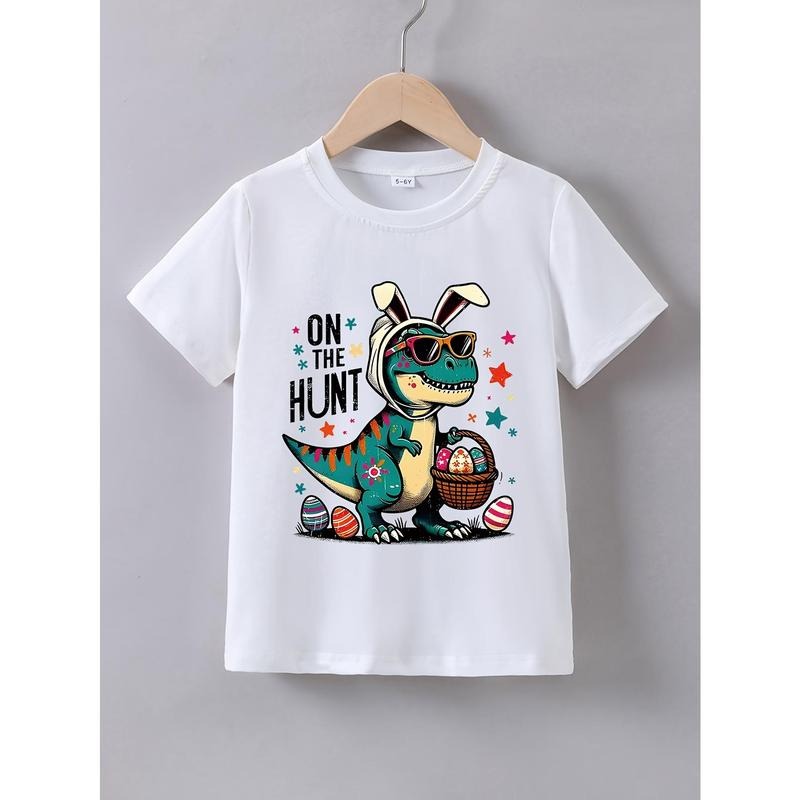 Boys' Summer Short-Sleeve T-Shirt with a 'Dinosaur Bunny Easter Egg' Print Hoodie, Sweatshirt | HypeCrazeTee.com